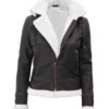 Women's Bomber Shearling Leather Jacket with Removable Hood