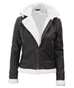 Women's Bomber Shearling Leather Jacket with Removable Hood