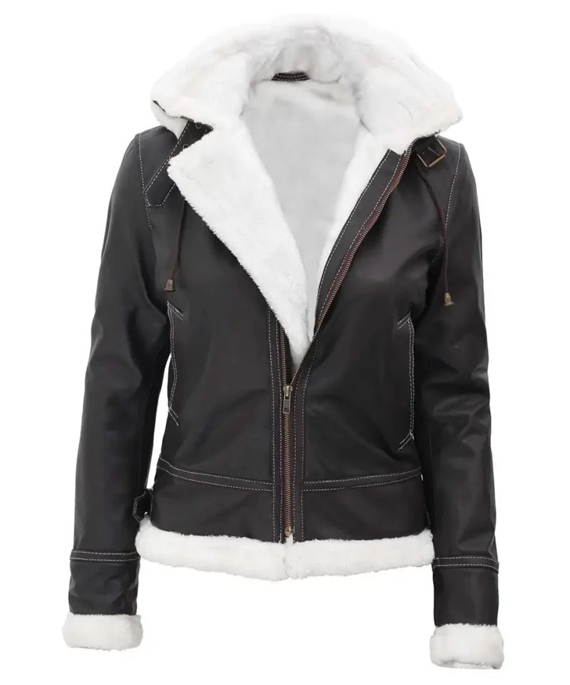 Women's Bomber Shearling Leather Jacket with Removable Hood