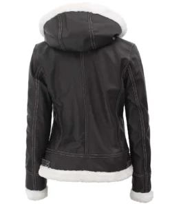 Women's Bomber Shearling Leather Jacket with Removable Hood