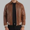 Men’s Brown Leather Bomber Jacket Classic Varsity Trim Real Sheepskin