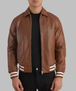 Men’s Brown Leather Bomber Jacket Classic Varsity Trim Real Sheepskin