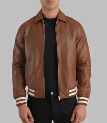 Men’s Brown Leather Bomber Jacket Classic Varsity Trim Real Sheepskin
