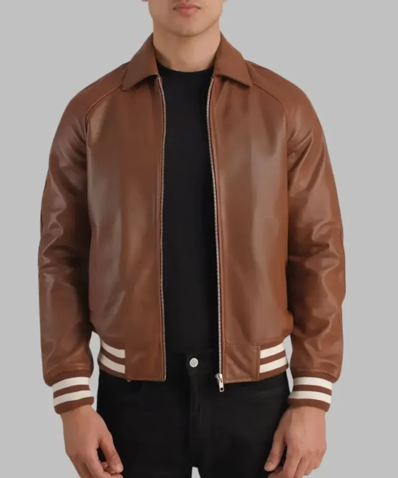 Men’s Brown Leather Bomber Jacket Classic Varsity Trim Real Sheepskin