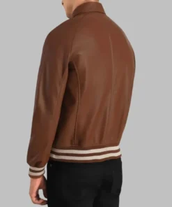 Men’s Brown Leather Bomber Jacket Classic Varsity Trim Real Sheepskin