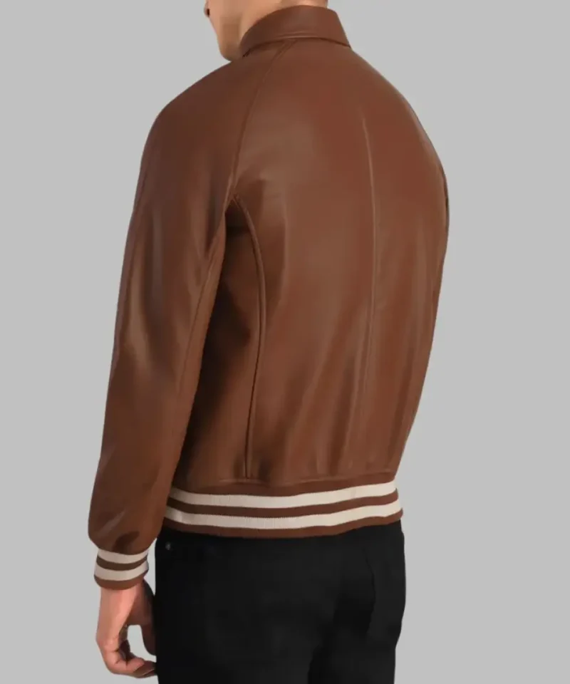 Men’s Brown Leather Bomber Jacket Classic Varsity Trim Real Sheepskin
