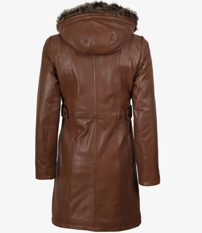 Women's Brown Leather Coat With Fur Trim Removable Hood