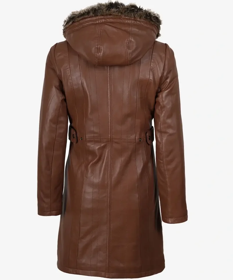 Women's Brown Leather Coat With Fur Trim Removable Hood
