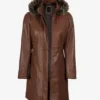 Women's Brown Leather Coat With Fur Trim Removable Hood