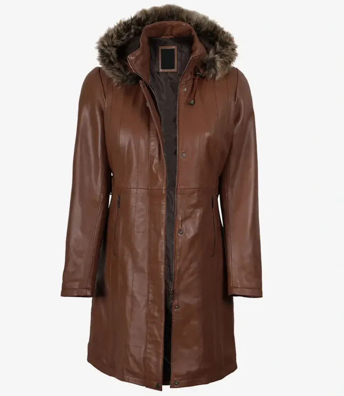 Women's Brown Leather Coat With Fur Trim Removable Hood