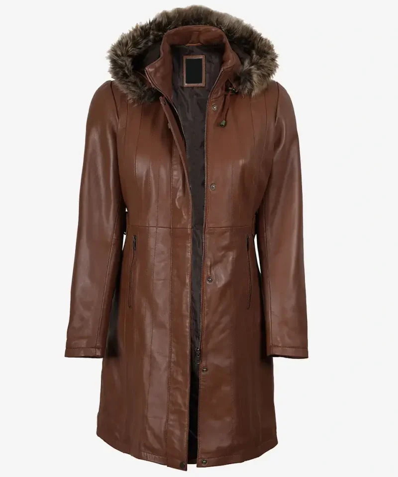 Women's Brown Leather Coat With Fur Trim Removable Hood