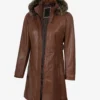 Women's Brown Leather Coat With Fur Trim Removable Hood