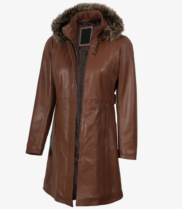 Women's Brown Leather Coat With Fur Trim Removable Hood