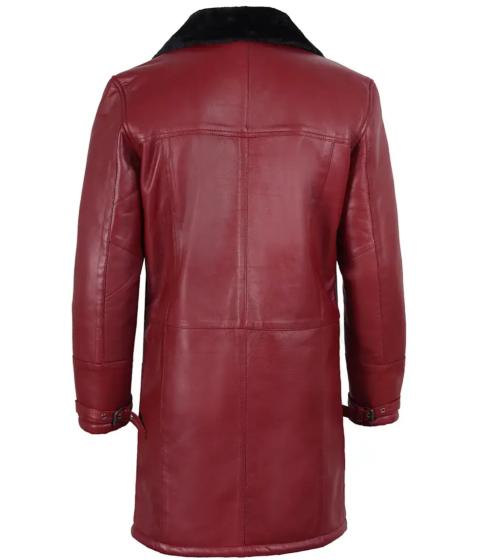 Men's Burgundy Leather with Black Shearling Long Coat