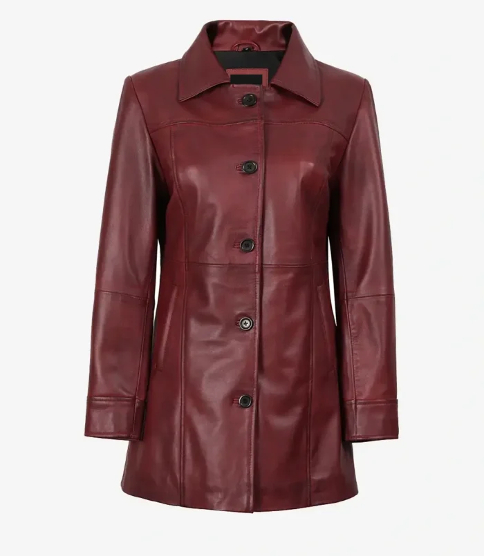 Women's Button Down Maroon Leather Coat
