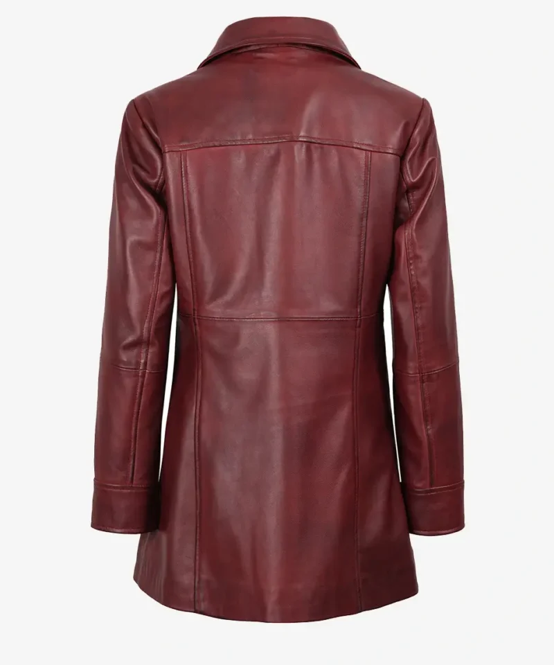 Women's Maroon Button Down Leather Coat