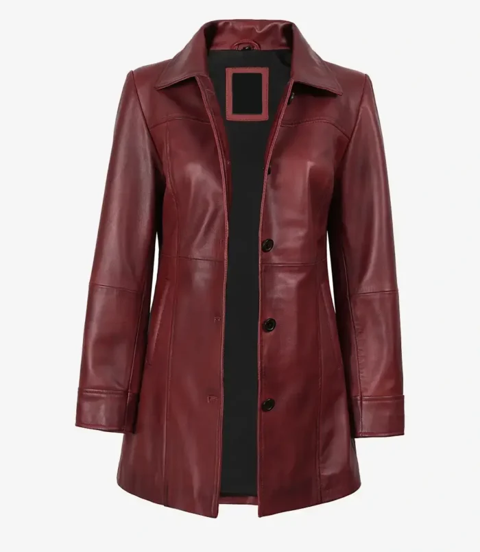 Women's Button Down Maroon Leather Coat