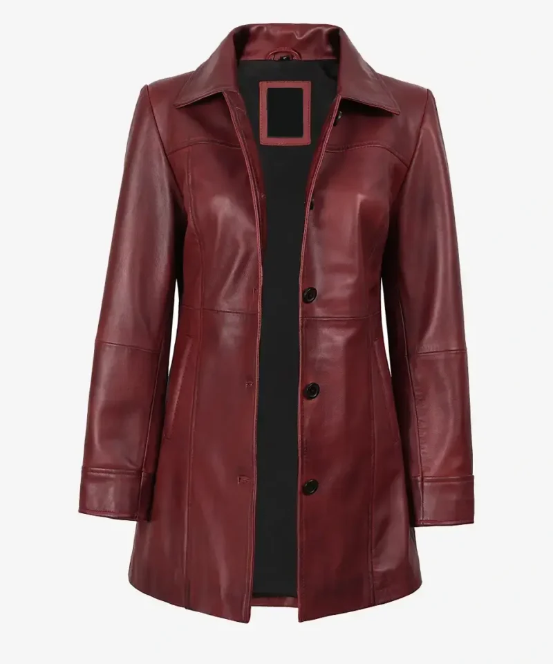 Women's Button Down Maroon Leather Coat