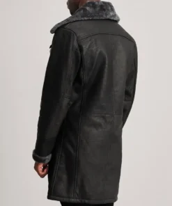 Men's Black Charles Distressed Leather Shearling Double-Breasted Coat