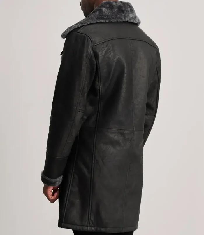 Men's Black Charles Distressed Leather Shearling Double-Breasted Coat