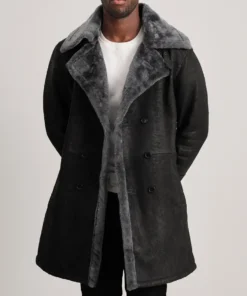 Men's Charles Distressed Black Leather Shearling Double-Breasted Coat