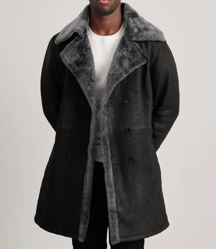 Men's Charles Distressed Black Leather Shearling Double-Breasted Coat