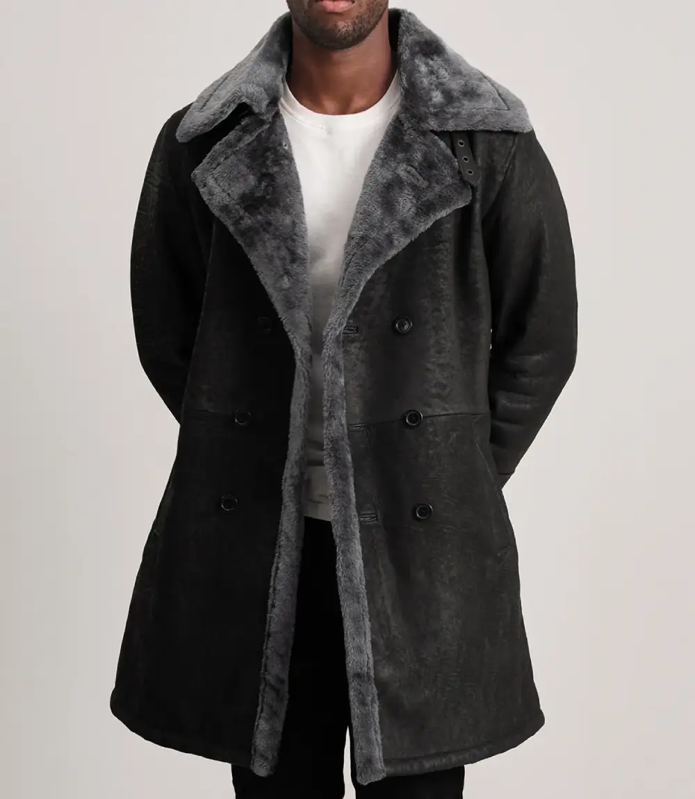 Men's Charles Distressed Black Leather Shearling Double-Breasted Coat