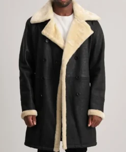 Men's Charles Tumbled Black Leather Shearling Double Breasted Coat
