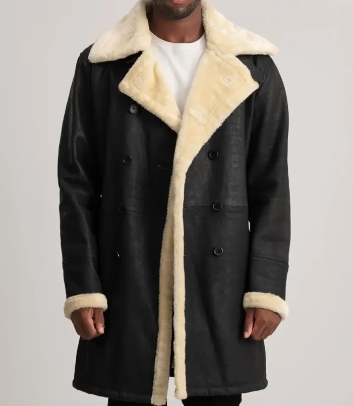 Men's Charles Tumbled Black Leather Shearling Double Breasted Coat