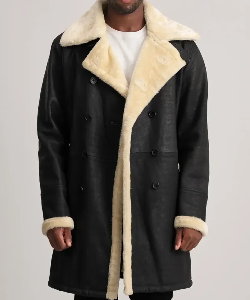 Men's Charles Tumbled Black Leather Shearling Double Breasted Coat