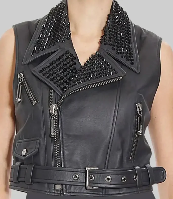 Women’s Christina Punk Black Studded Biker Leather Vest