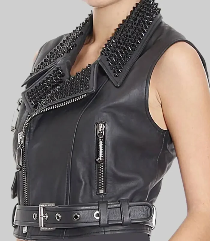 Women’s Christina Punk Black Studded Biker Leather Vest