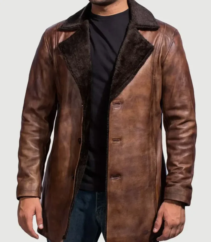 Men's Cinnamon Distressed Leather Fur Coat