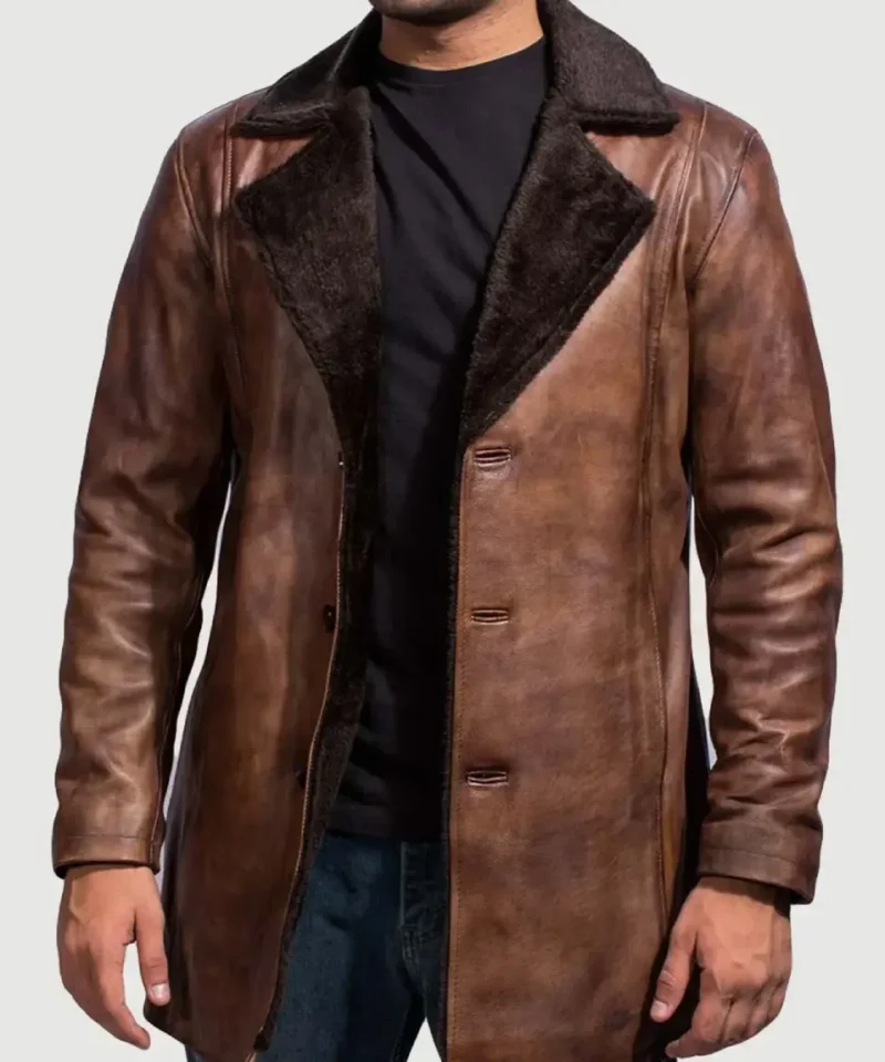 Men's Cinnamon Distressed Leather Fur Coat
