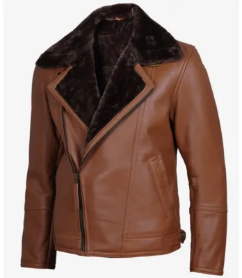 Men's Cognac Leather Shearling Moto Jacket