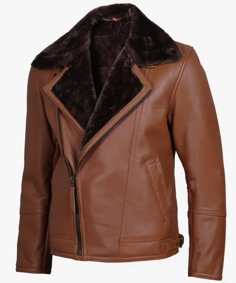 Men's Cognac Leather Shearling Moto Jacket