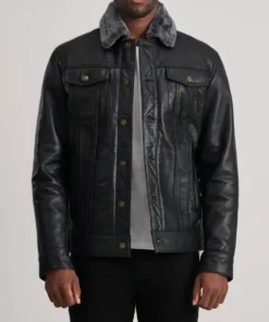 Men's Dallis Black Leather Shearling Trucker Jacket