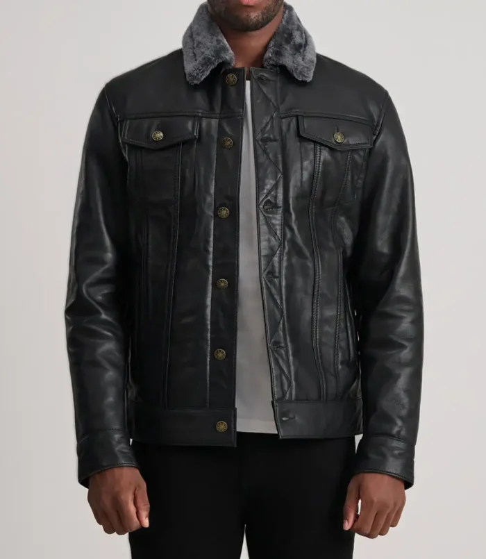Men's Dallis Black Leather Shearling Trucker Jacket