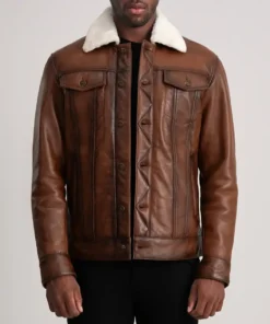 Men's Dallis Brown Leather Shearling Trucker Jacket