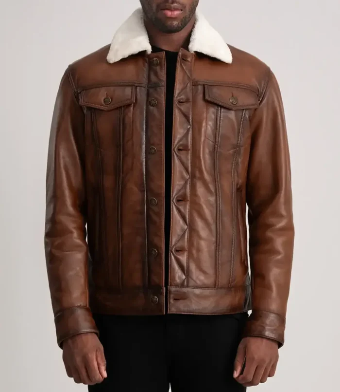 Men's Dallis Brown Leather Shearling Trucker Jacket