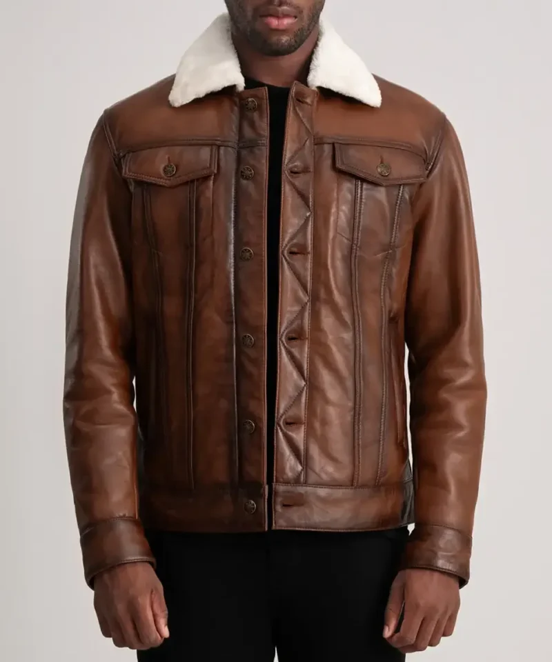 Men's Dallis Brown Leather Shearling Trucker Jacket
