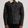Men's Dallis Distressed Black Leather Shearling Trucker Jacket