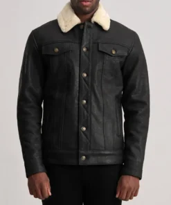 Men's Dallis Distressed Black Leather Shearling Trucker Jacket