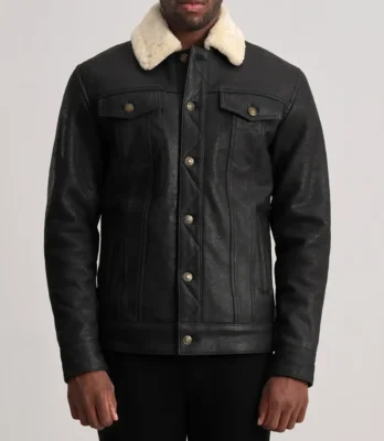Men's Dallis Distressed Black Leather Shearling Trucker Jacket