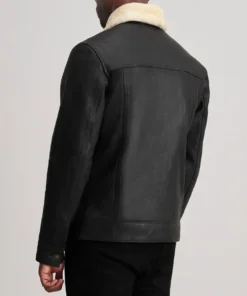 Men's Black Dallis Distressed Leather Shearling Trucker Jacket