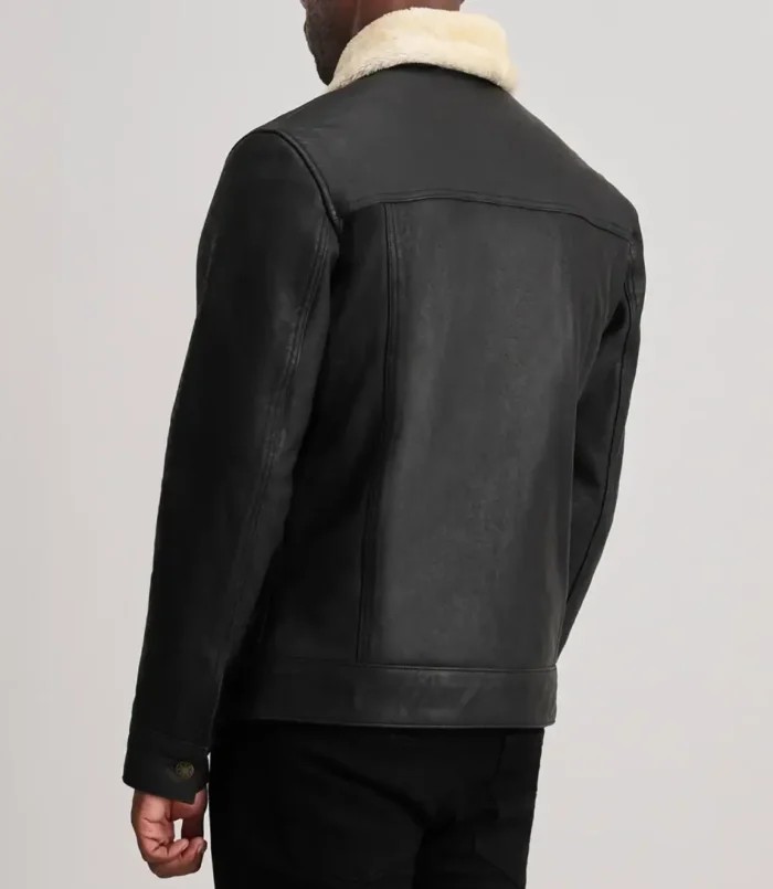 Men's Black Dallis Distressed Leather Shearling Trucker Jacket