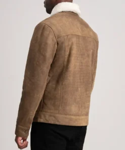 Men's Brown Dallis Distressed Leather Shearling Trucker Jacket