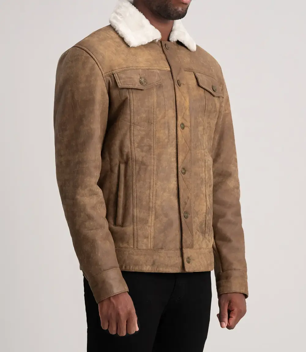 Men’s Dallis Distressed Brown Leather Shearling Trucker Jacket