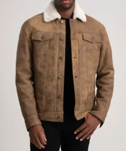 Men's Dallis Distressed Brown Leather Shearling Trucker Jacket