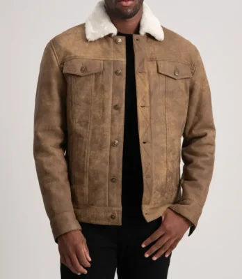 Men's Dallis Distressed Brown Leather Shearling Trucker Jacket